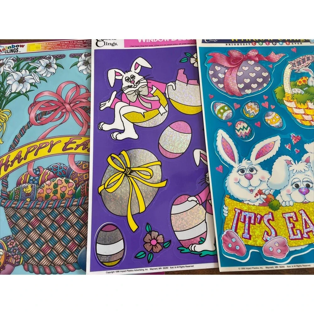 3 Vintage Easter Vinyl Window Clings Holographic Stained Glass Bunny Holiday